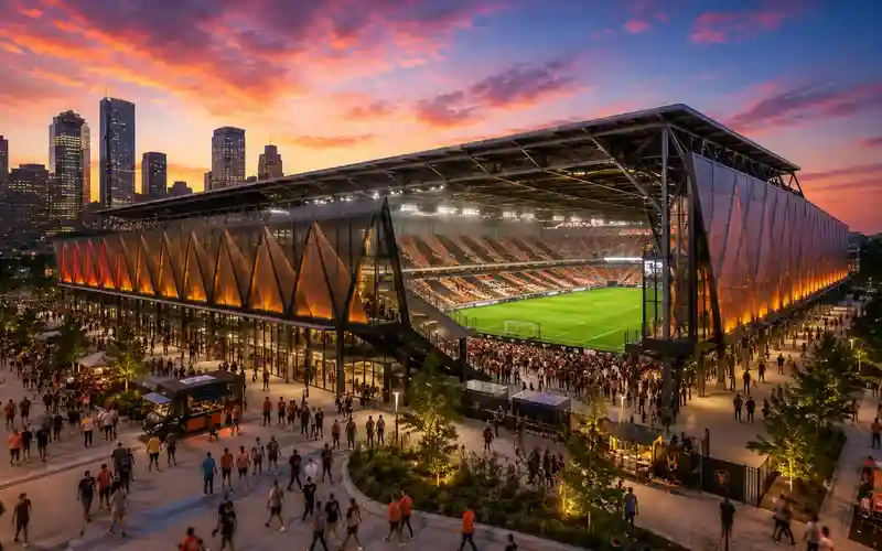 Shell Energy Stadium in Houston during sunset with illuminated soccer field, modern stadium architecture, crowds of fans entering the venue, outdoor plaza activity, and the downtown Houston skyline in the background.